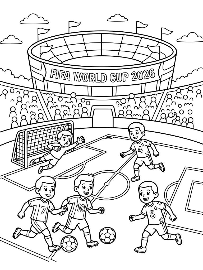 2026 FIFA World Cup Soccer Stadium & Players coloring page — free printable for kids and adults