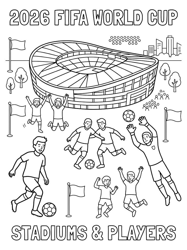 2026 FIFA World Cup Soccer Stadiums & Players Coloring Page