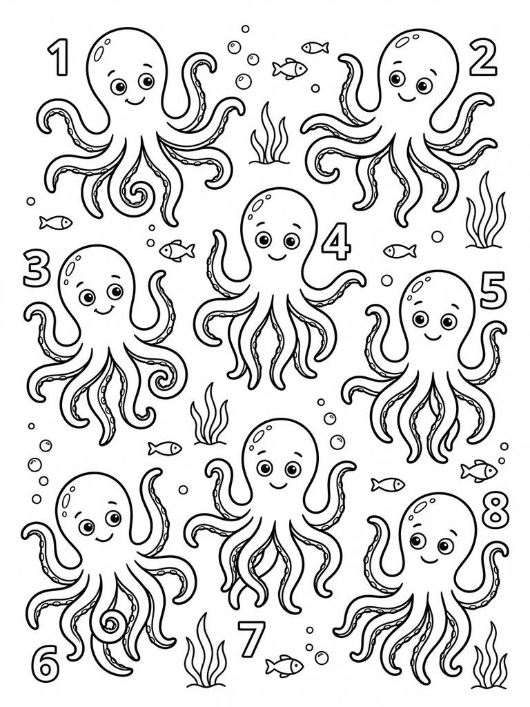 8 - Eight Octopuses Coloring Page