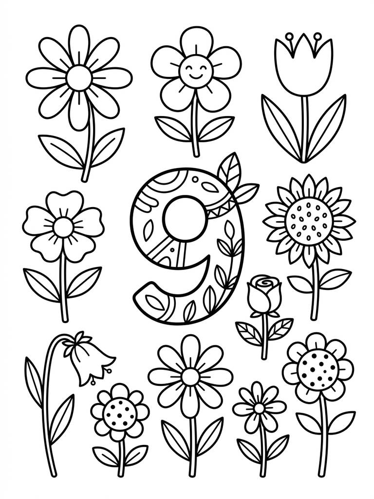 9 - Nine Flowers Coloring Page
