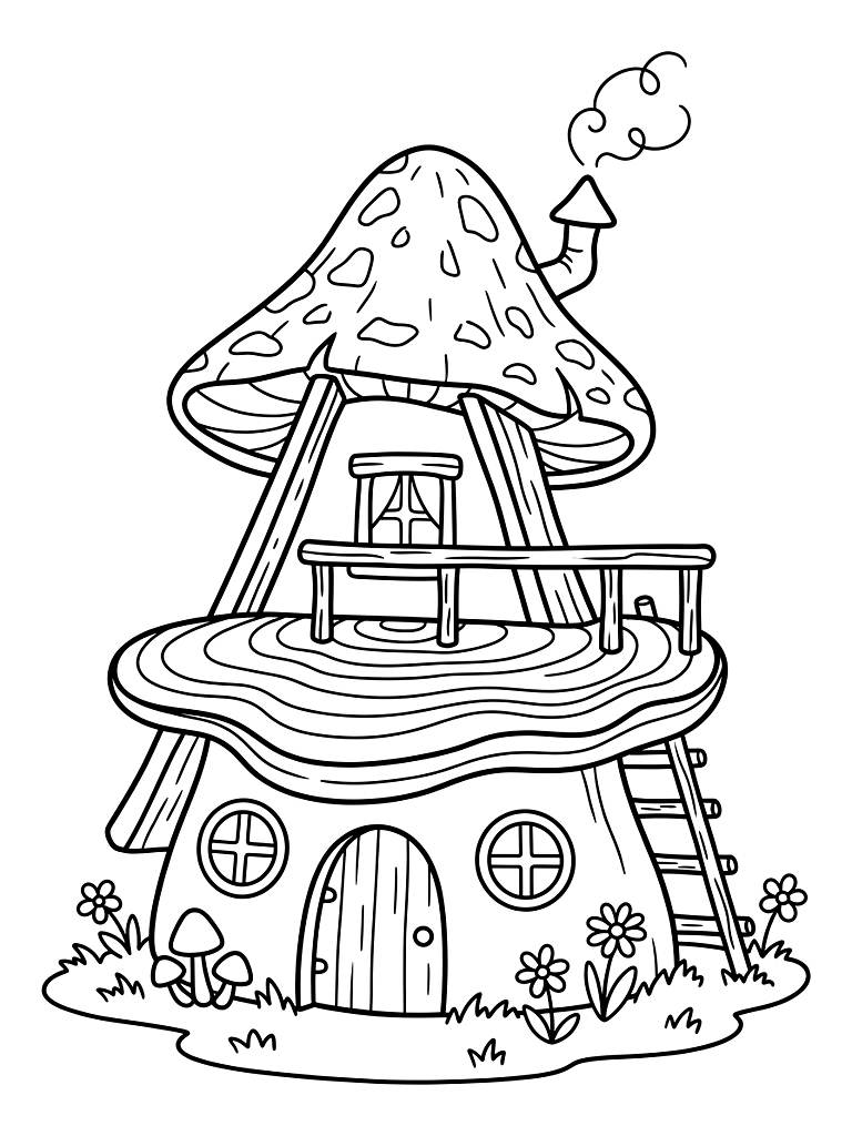 A-frame Mushroom Cottage With A Wooden Balcony Made Of A Large Shelf Fungus Coloring Page — free printable for kids and adults