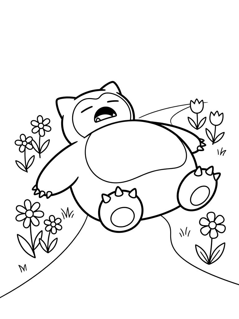 Large Snorlax Sleeping In The Middle Of A Flowery Path Blocking The Way Coloring Page