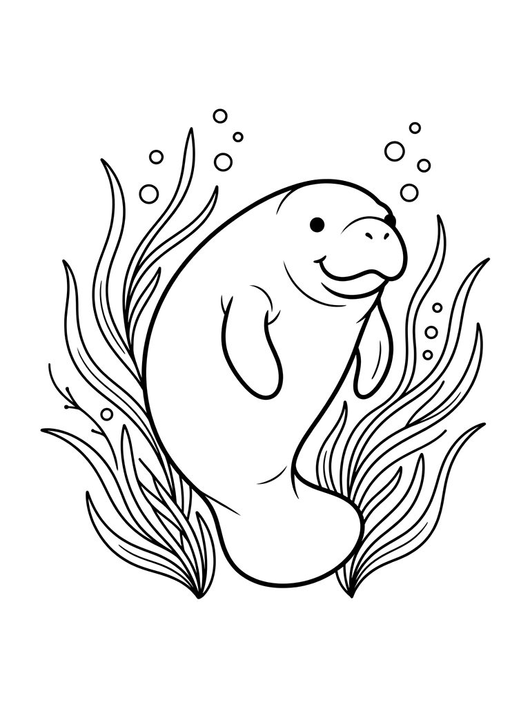 Manatee Floating Peacefully Among Long Sea Grass And Tiny Bubbles Coloring Page — free printable for kids and adults