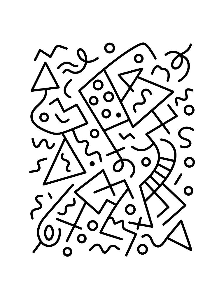 Abstract Composition Of Memphis-style Shapes Including Squiggles coloring page — free printable for kids and adults