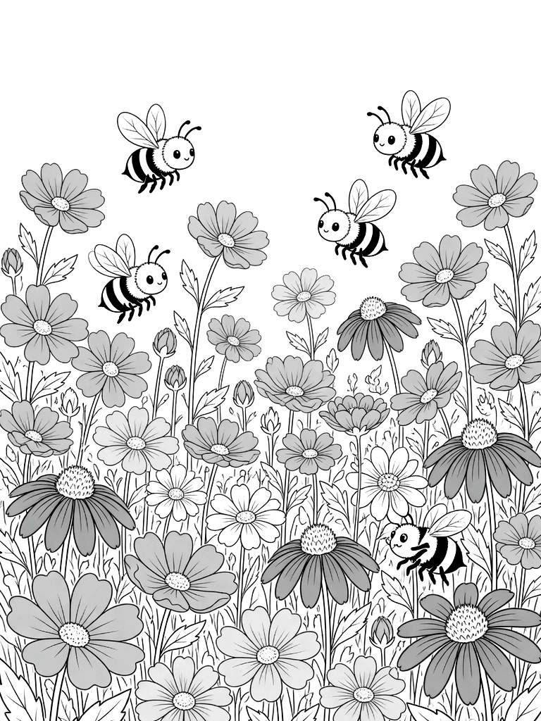 Abundant Wildflower Garden Field Filled With Blooming Pink Cosmos coloring page — free printable for kids and adults