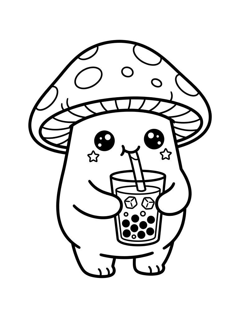 Adorable Chubby Kawaii Mushroom Character Drinking A Glass Of Iced Boba Tea With A Happy Expression And Tiny Star Cheeks coloring page — free printable for kids and adults