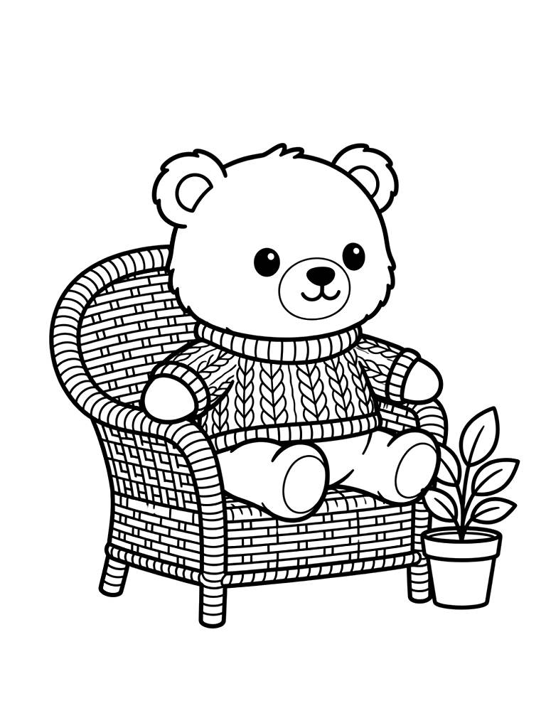 Adorable Chubby Stuffed Teddy Bear Wearing A Cozy Knitted Green Sweater Sitting In A Wicker Armchair Next To A Tiny Potted Plant coloring page — free printable for kids and adults