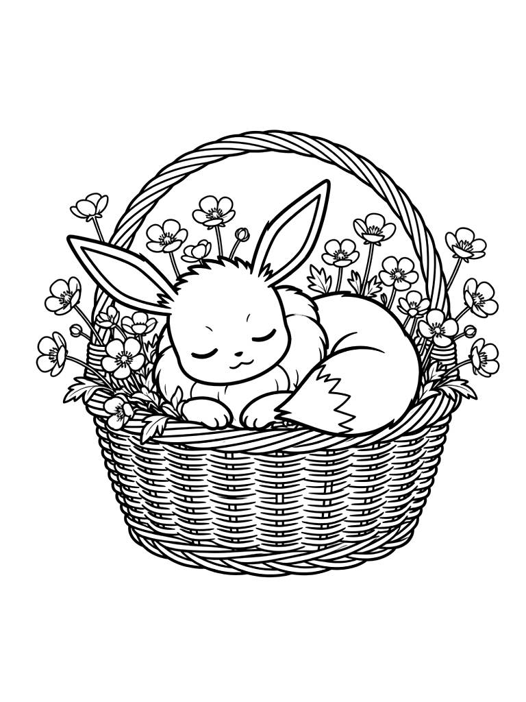 Adorable Eevee Curled Up Asleep Inside A Vintage Wicker Garden Basket Filled With Blooming Yellow Spring Buttercups Coloring Page