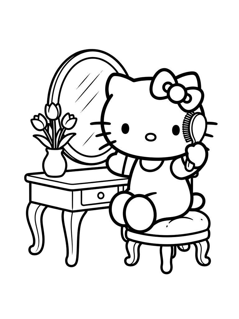 Adorable Hello Kitty Sitting At A Pastel Dressing Table Brushing Her Hair Next To A Vase Of Tulips And Her Iconic Red Bow Coloring Page