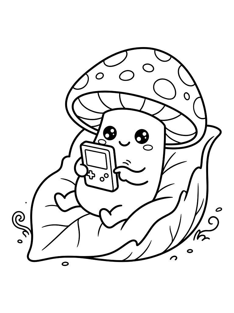 Adorable Kawaii Mushroom Character Playing A Pink Handheld Gaming Console While Lounging On A Soft Green Leaf Bed coloring page — free printable for kids and adults
