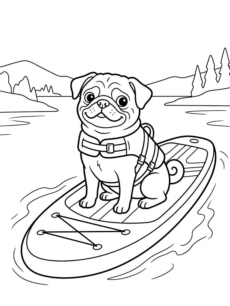 Adorable Pug Wearing A Tiny Bright Orange Life Jacket Sitting Proudly On The Nose Of A Paddleboard In A Calm Lake coloring page — free printable for kids and adults