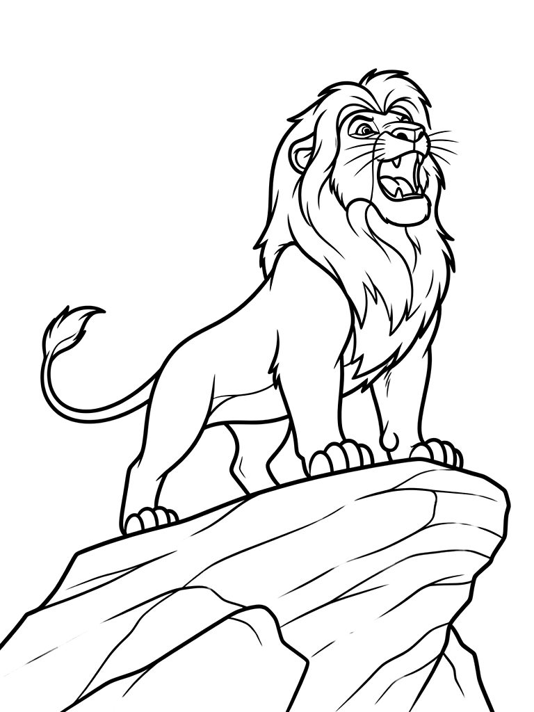 Adult Simba Roaring On Pride Rock During A Sunset Coloring Page