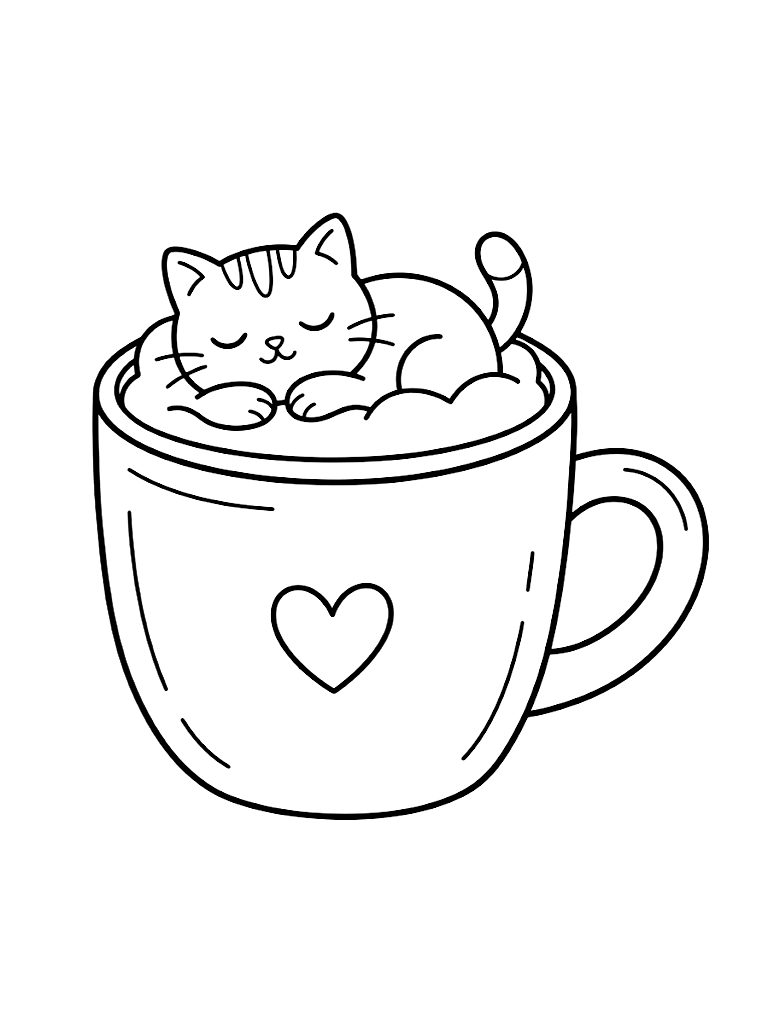 Aesthetic Ceramic Mug Filled With Warm Cappuccino Featuring Adorable 3D Foam Art Of A Sleeping Cat Peeking Over The Rim coloring page — free printable for kids and adults