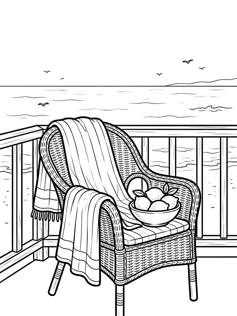 Aesthetic Coastal Balcony Overlooking The Ocean With A Bowl Of Fresh Yellow Lemons And A Striped Beach Towel Draped Over A Wicker Chair Coloring Page