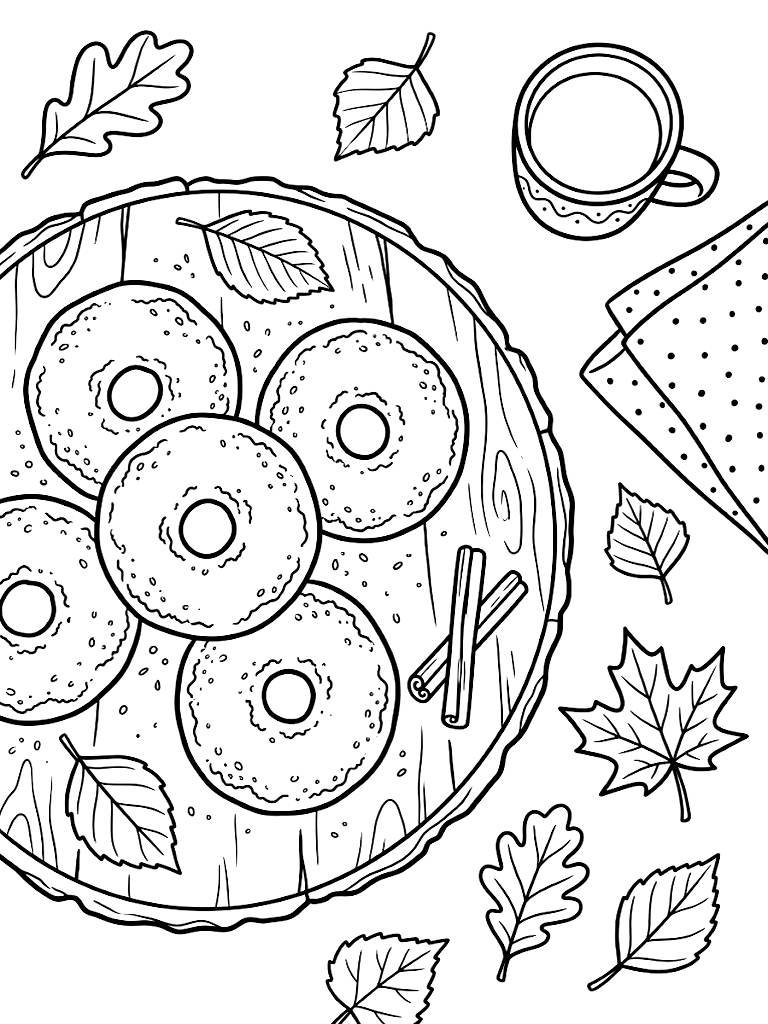 Aesthetic Flatlay Of Freshly Baked Apple Cider Donuts Dusted With Cinnamon Sugar Resting On A Rustic Wooden Board With Autumn Leaves Coloring Page