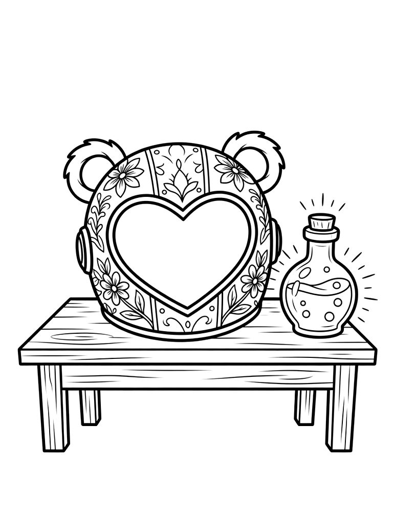 Aesthetic Fortnite Cuddle Team Leader Helmet Sitting On A Wooden Desk Next To A Glowing Blue Shield Potion Bottle Coloring Page