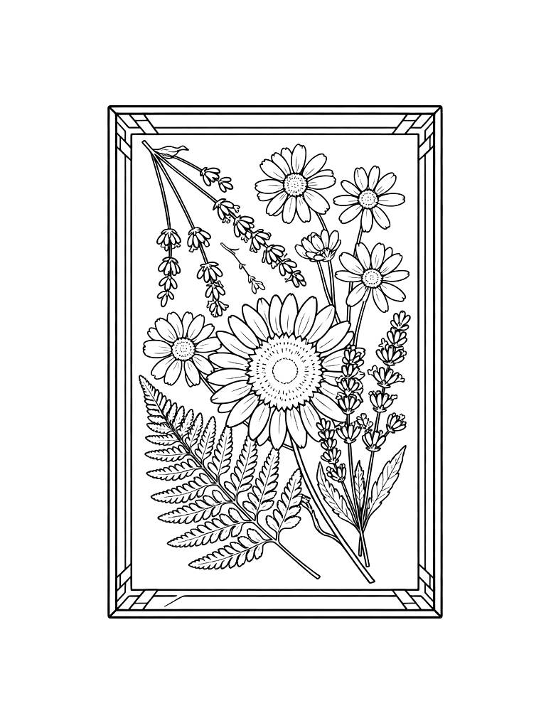 Aesthetic Hand-Pressed Wildflower Bouquet In A Glass Herbarium Frame With Dried Lavender Coloring Page — free printable for kids and adults