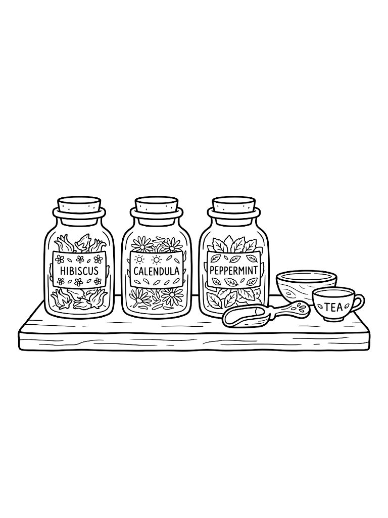 Aesthetic Herbal Tea Blending Station With Small Glass Jars Of Dried Hibiscus Calendula And Peppermint Beside A Carved Wooden Scoop coloring page — free printable for kids and adults