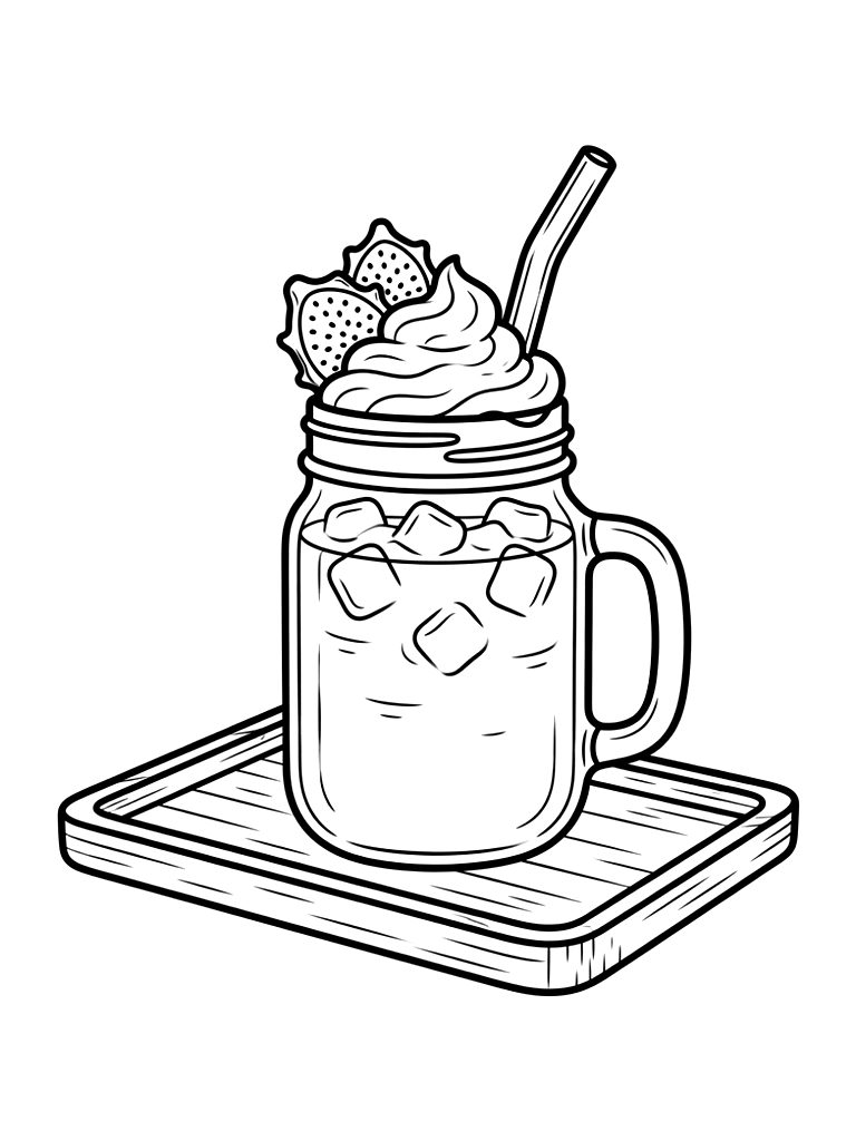 Aesthetic Mason Jar Of Pink Pitaya Iced Latte Topped With Whipped Cream coloring page — free printable for kids and adults