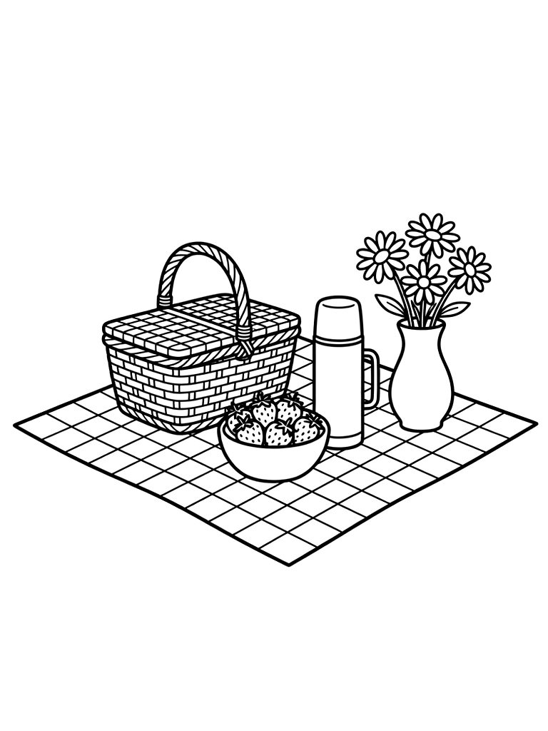 Aesthetic Spring Picnic Set-up With A Woven Wicker Basket coloring page — free printable for kids and adults