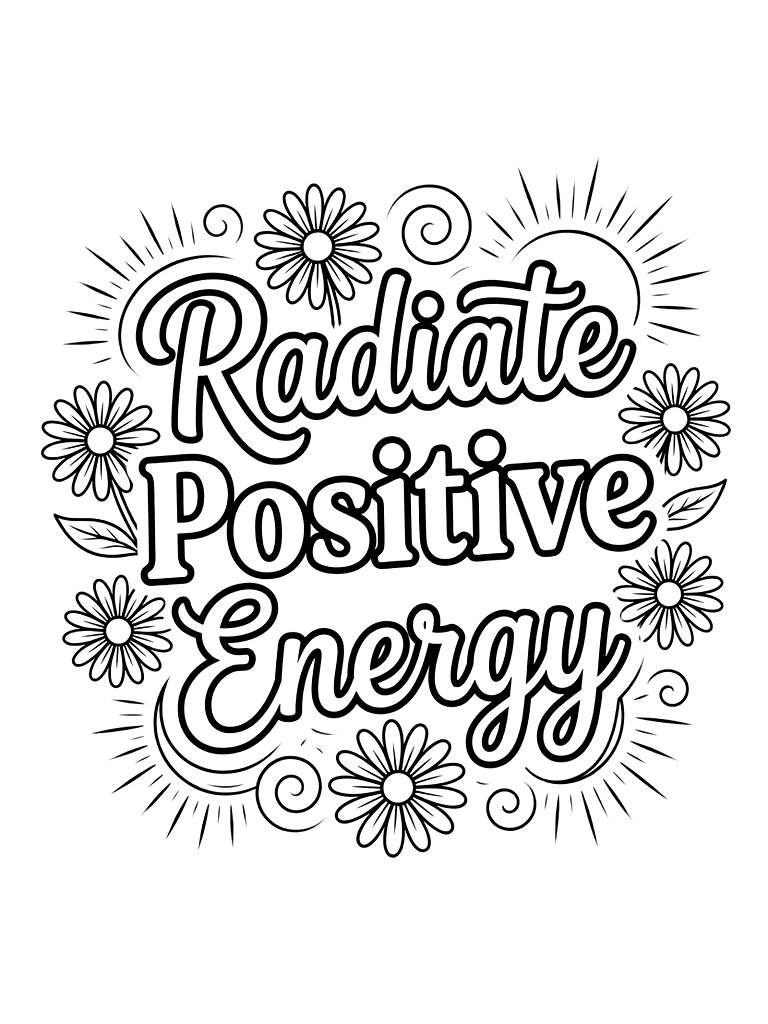 Aesthetic Typography Featuring The Quote Radiate Positive Energy Surrounded By Hand-drawn Wild Daisies And Soft Swirling Sunbeams coloring page — free printable for kids and adults