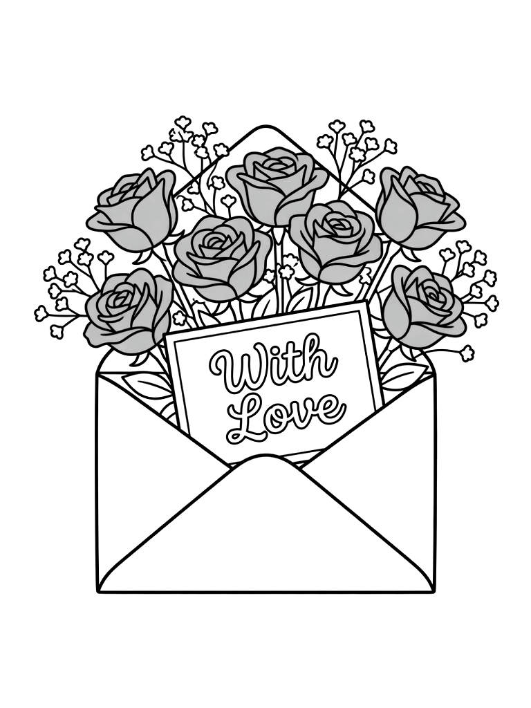 Aesthetic Valentine's Day Envelope Overflowing With Fresh Pink Roses Coloring Page