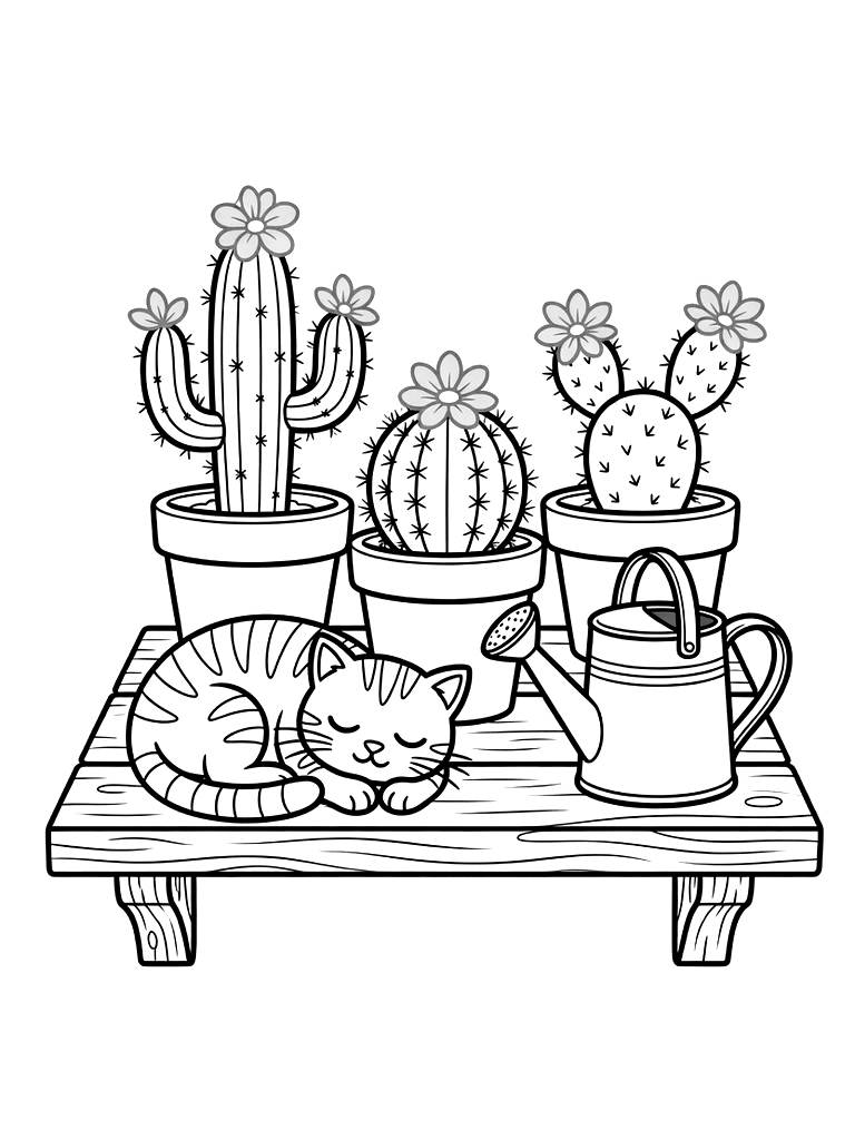 Aesthetic Wooden Shelf Filled With Pink-flowering Desert Cacti In Terracotta Pots Next To A Watering Can And A Sleeping Tabby Cat coloring page — free printable for kids and adults