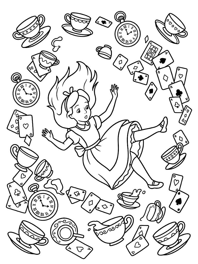 Alice Falling Down The Magical Rabbit Hole Surrounded By Floating Vintage Teacups Ticking Pocket Watches And Scrambled Playing Cards coloring page — free printable for kids and adults