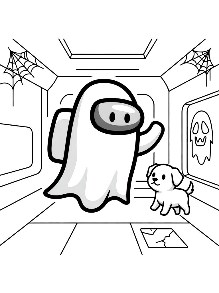 Among Us Crewmate Ghost Floating In A Haunted Spaceship Hallway With A Tiny Pet Dog Coloring Page