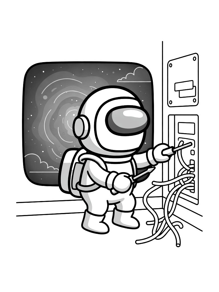Among Us Crewmate In A Spacesuit Fixing Wiring In A Room With A View Of A Purple Nebula Coloring Page