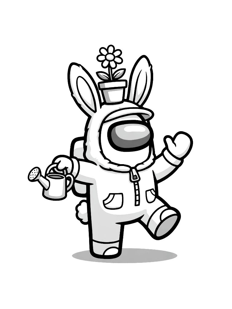Among Us Crewmate Wearing A Flower Pot Hat And A Bunny Suit Coloring Page