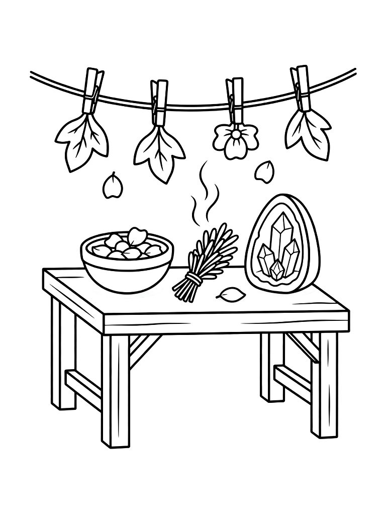Apothecary’s Drying Table With A Bowl Of Rose Petals Coloring Page