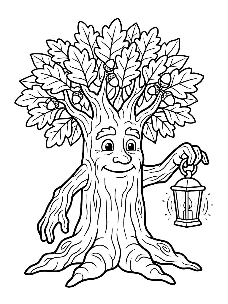 Ancient Majestic Treefolk Guardian With Gnarled Roots And A Crown Of Autumn Leaves Gently Holding A Small Glowing Lantern coloring page — free printable for kids and adults