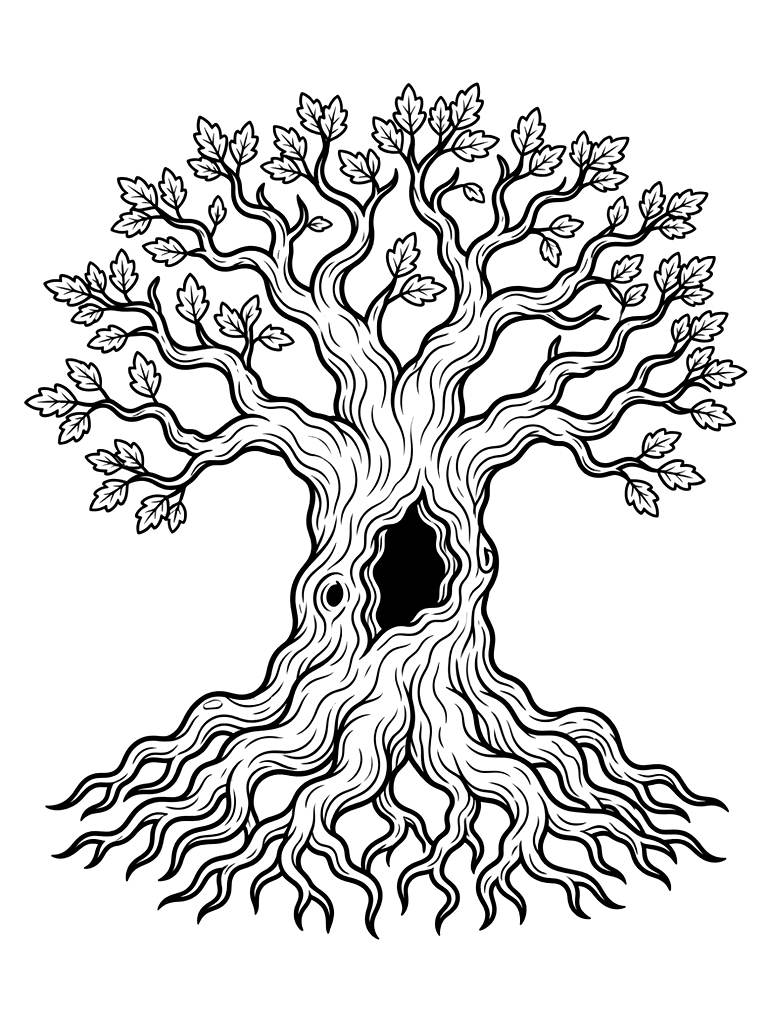 Ancient Oak Tree With Gnarly Roots And A Hidden Tree Hollow Coloring Page