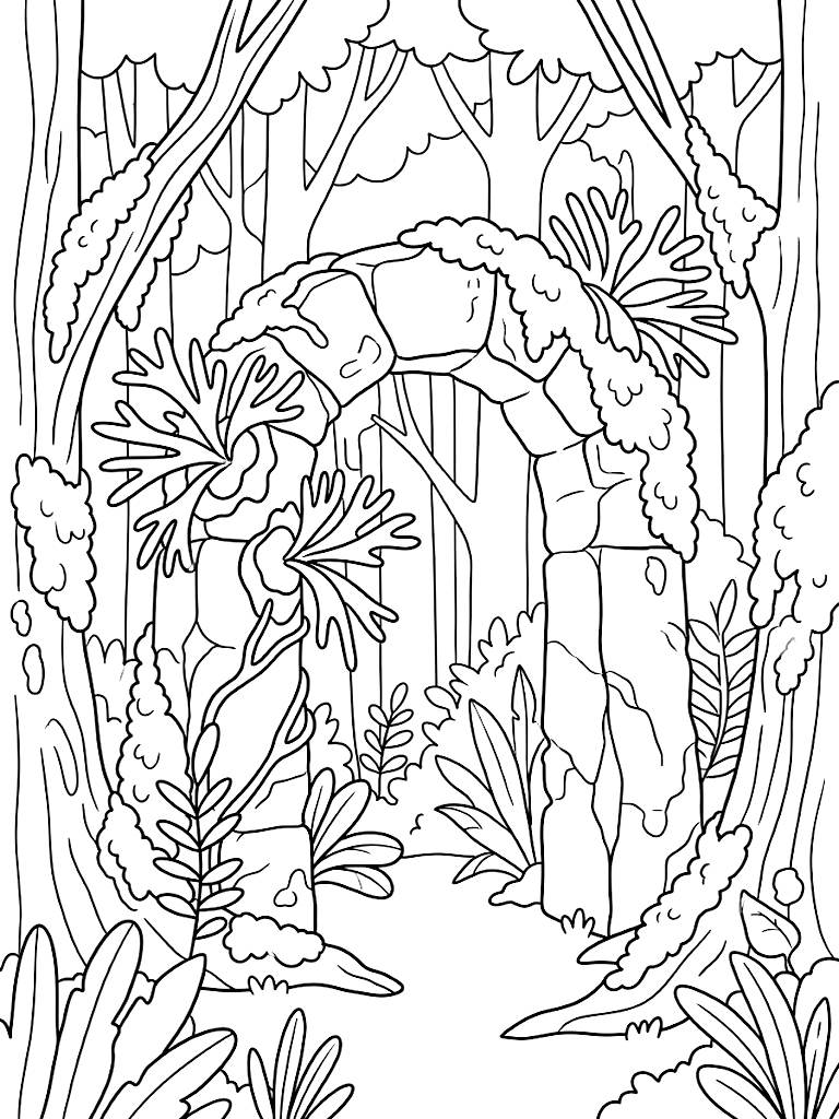 Ancient Stone Archway In A Deep Dark Forest Completely Swallowed By Climbing Staghorn Ferns And Thick Velvety Moss Coloring Page