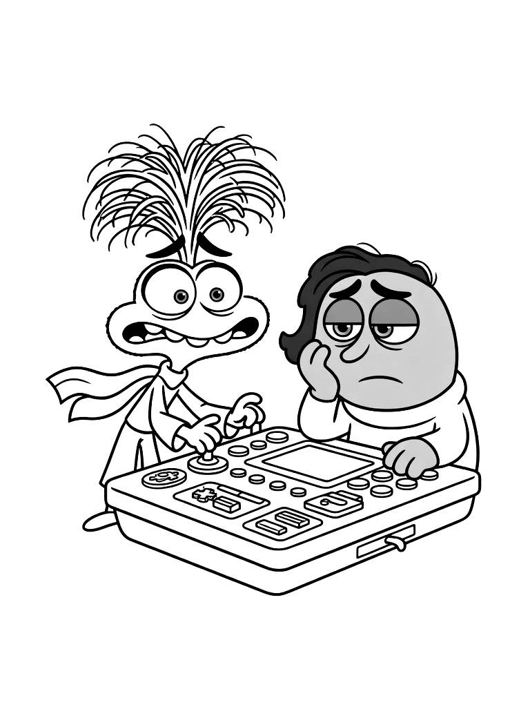 Anxiety And Ennui Emotions From Inside Out 2 Interacting With The Console Coloring Page