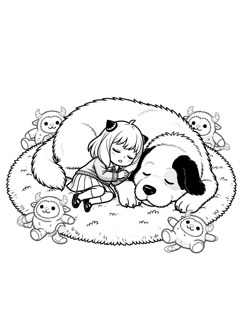 Anya Forger And Her Big White Dog Bond Having A Cozy Afternoon Nap On A Plush Living Room Rug Surrounded By Her Chimera Plush Toys coloring page — free printable for kids and adults