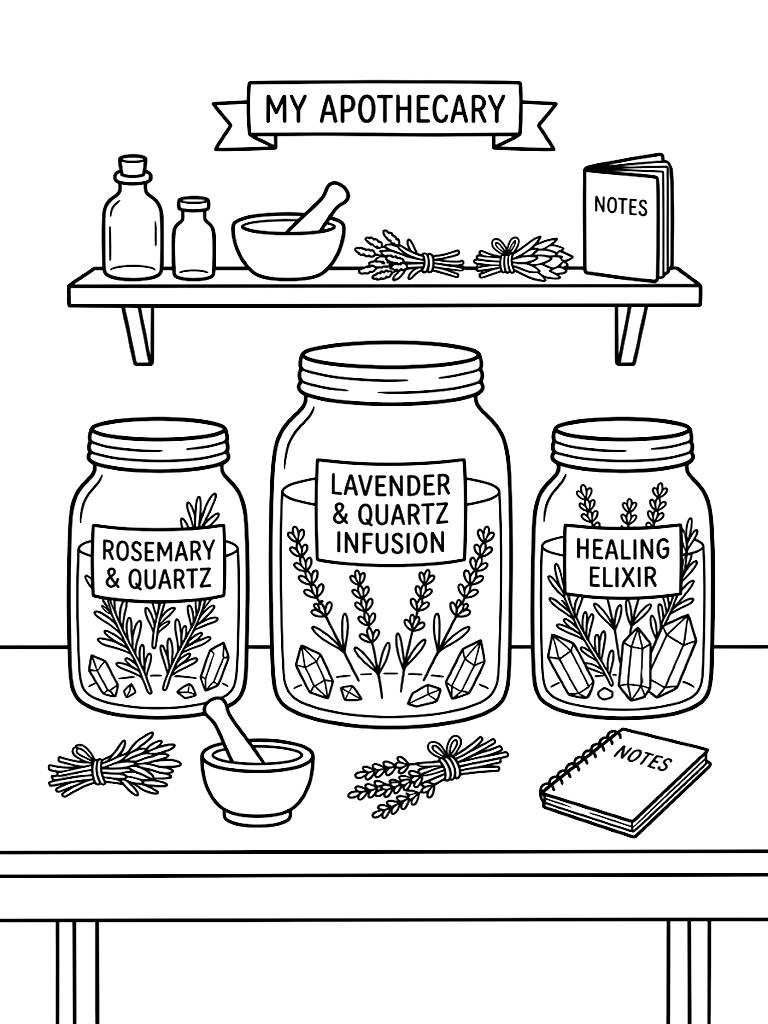 Apothecary Workspace With Glass Infusion Jars Containing Glowing Clear Quartz Crystals Submerged In Fresh Lavender And Rosemary Sprigs Coloring Page
