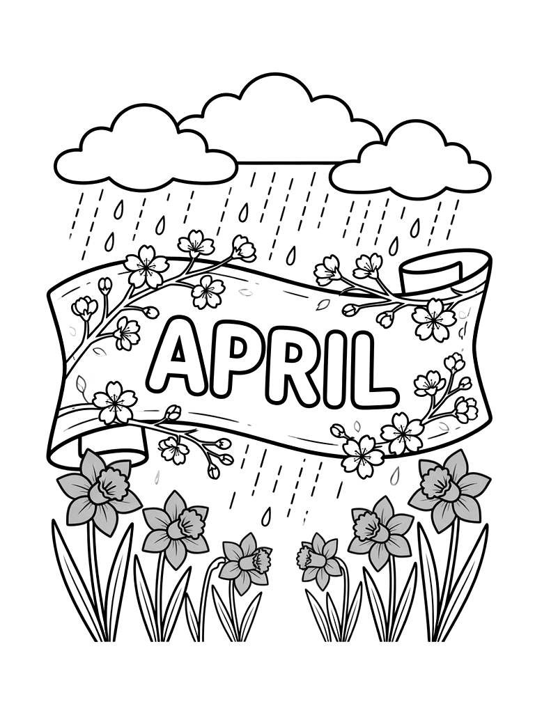 April Banner Decorated With Delicate Cherry Blossom Branches coloring page — free printable for kids and adults