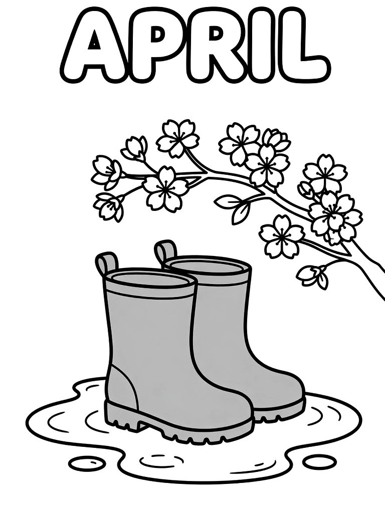 April Banner Featuring A Pair Of Yellow Rain Boots In A Puddle With A Blooming Cherry Blossom Branch Coloring Page