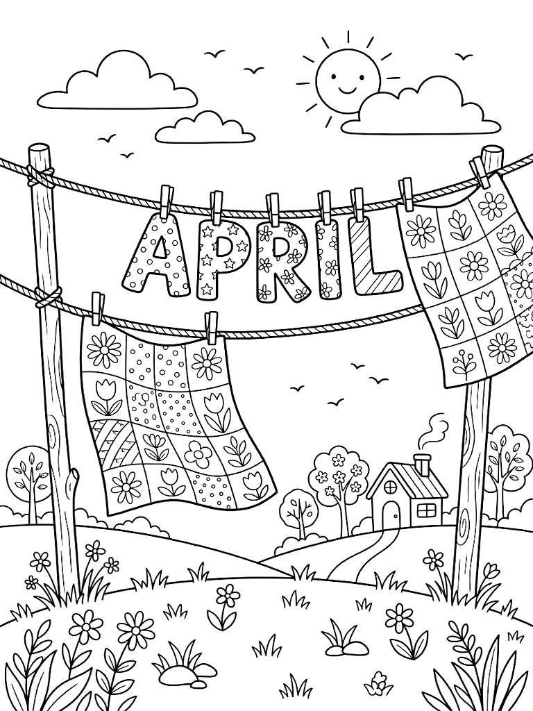 April Lettering Hanging On A Whimsical Outdoor Clothesline Alongside Fluttering Floral Quilts In A Gentle Spring Breeze Coloring Page
