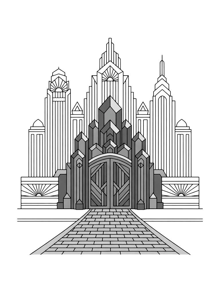 Art Deco-style Skyline Of The Emerald City With The Yellow Brick Road Leading Toward Massive Green Crystalline Gates Coloring Page