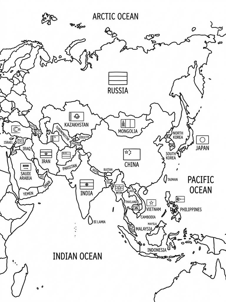 Asia Continent Map With Countries And Flags Coloring Page