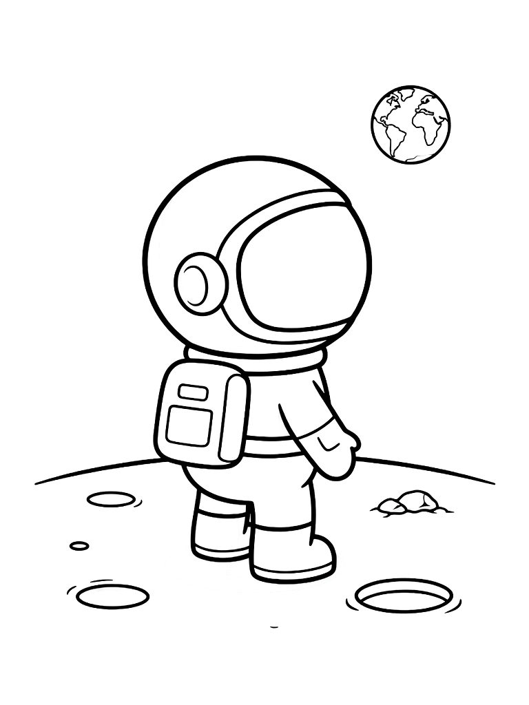 Astronaut Standing On The Moon Surface Looking Back At A Small Blue Earth Coloring Page — free printable for kids and adults