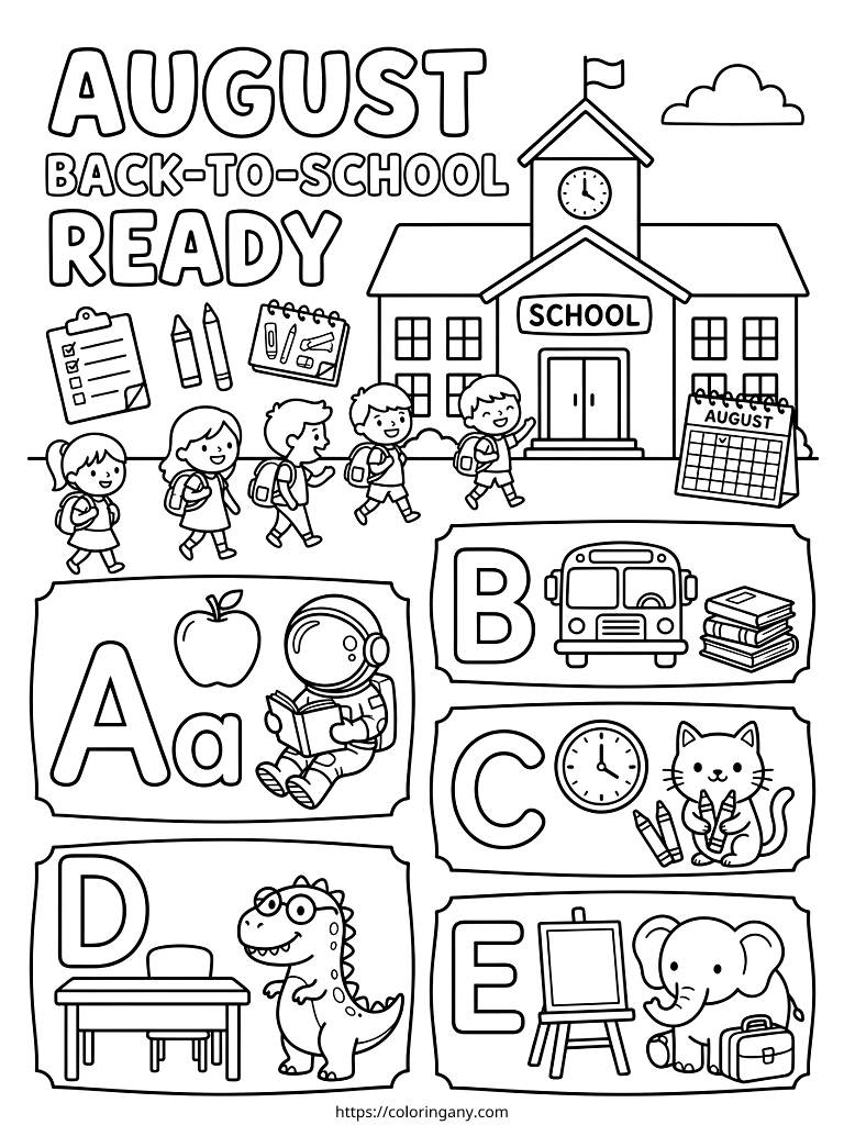 August Back-to-School Readiness & Alphabet Fun Coloring Page