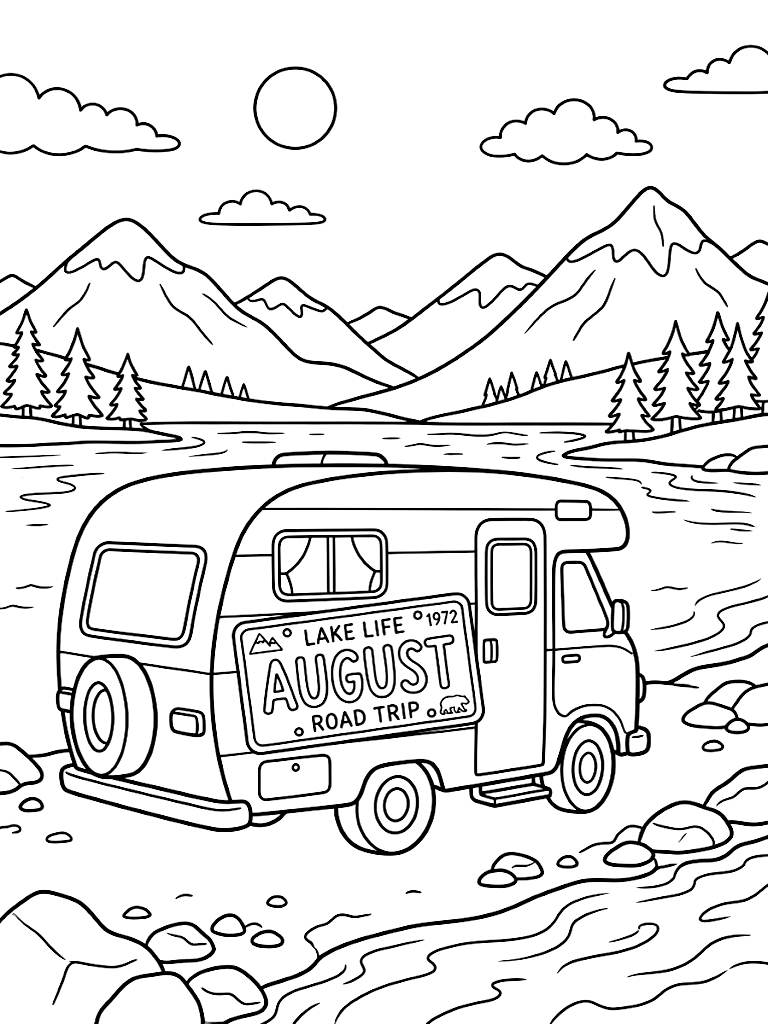 August Banner Styled As A Retro License Plate On A Vintage Camper Van Parked Beside A Pristine Alpine Lake coloring page — free printable for kids and adults