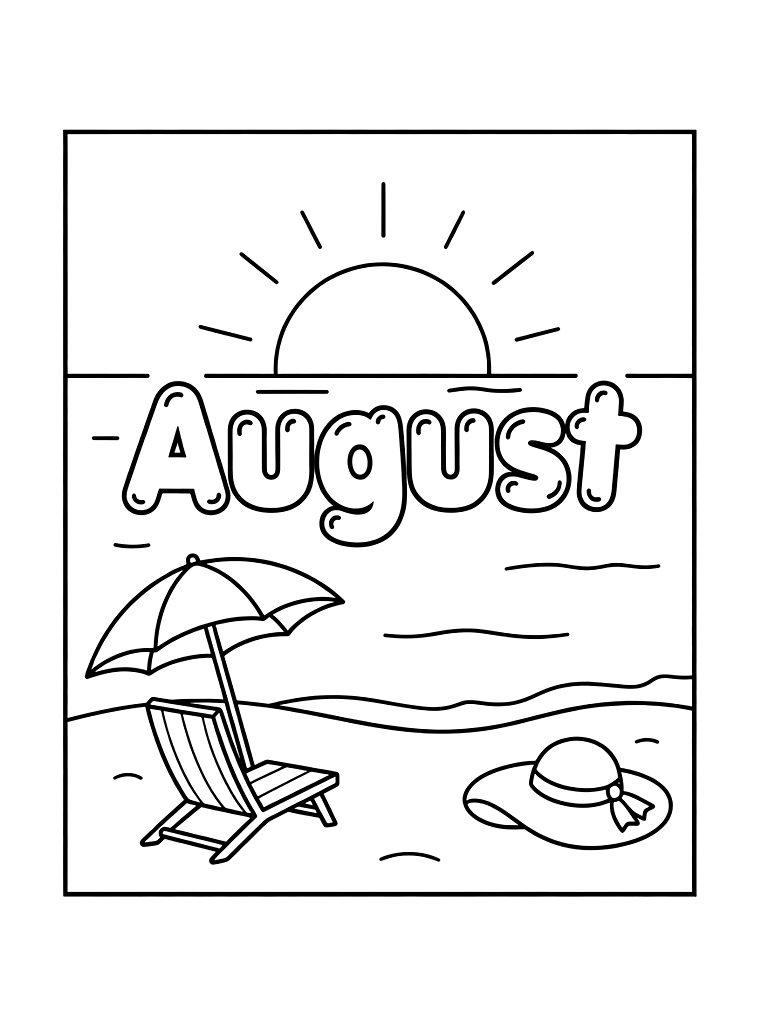 August Typography Framed By A Vibrant Sunset Over A Calm Ocean With A Beach Chair And A Sun Hat Coloring Page