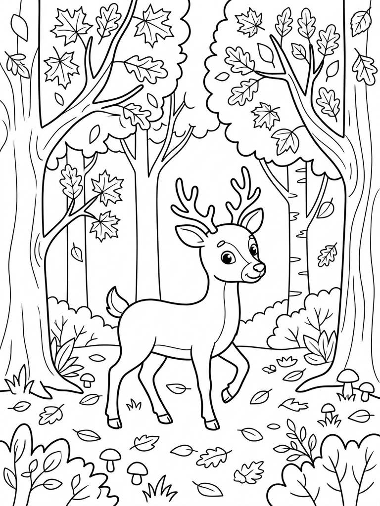 Autumn Forest Scene With A Deer Among Golden Leaves Coloring Page