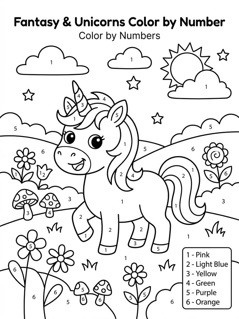 Baby Unicorn In Magical Meadow Color By Number Coloring Page