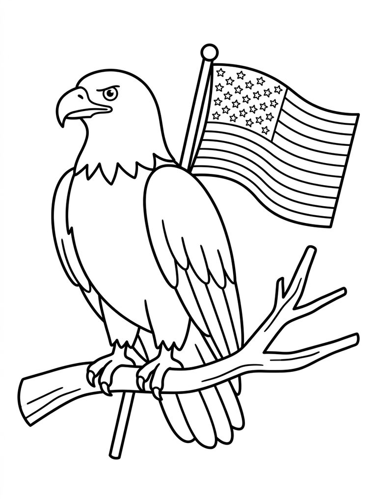 Bald Eagle Perched On A Branch With An American Flag Coloring Page